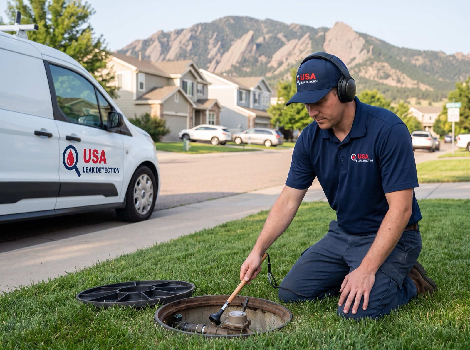 USA Leak Detection technician on a pipe leak detection call in Denver