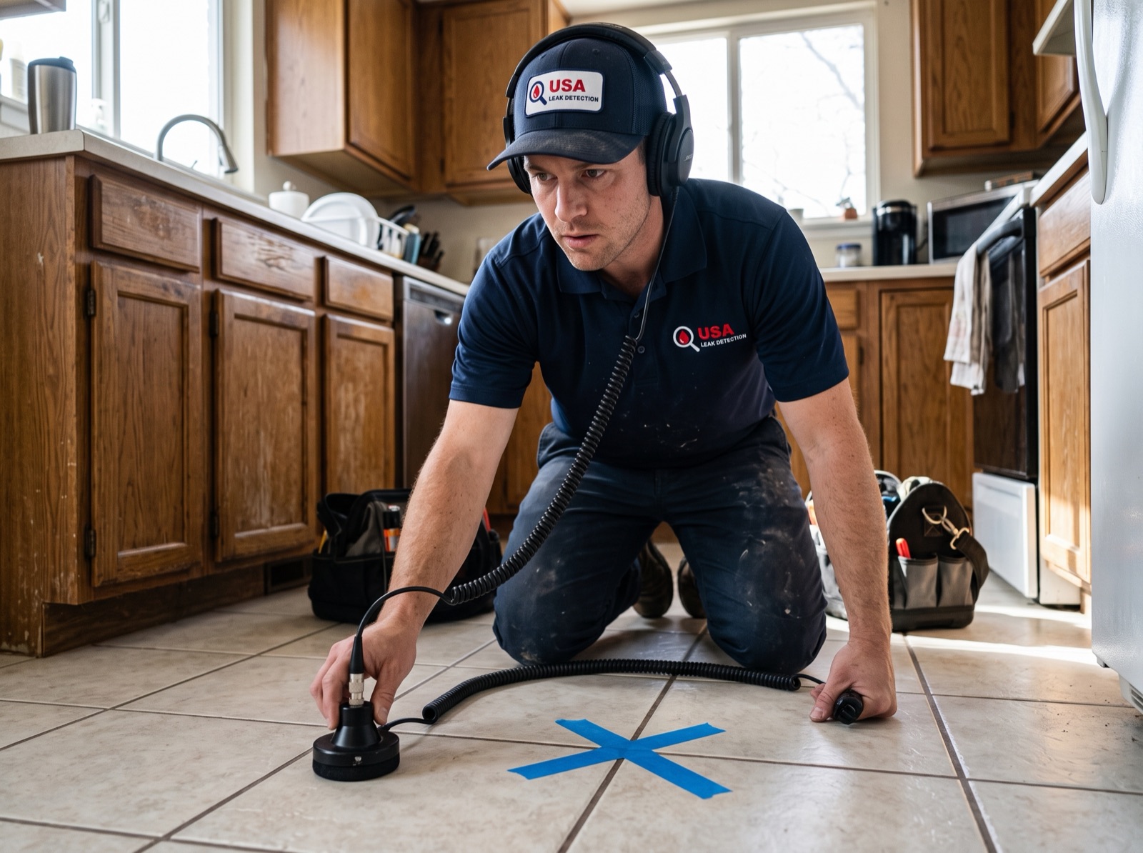 USA Leak Detection technician on a slab leak detection call in Denver